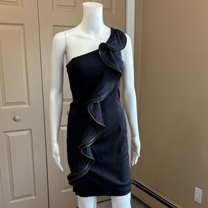 CACHE one shoulder black ruffle dress